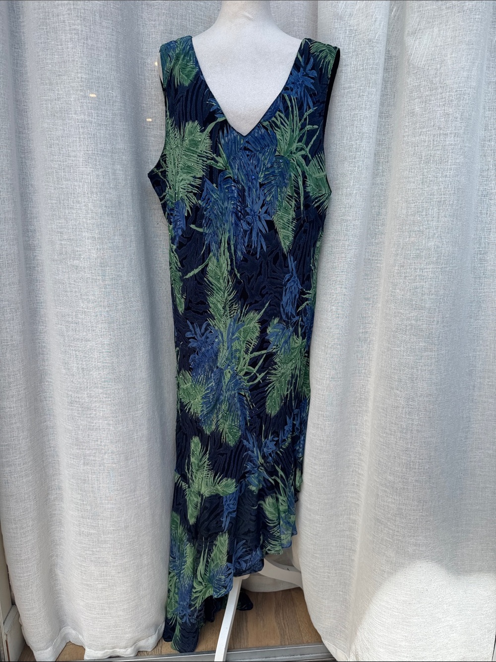 Y2K Eva blue plus sleeveless dress asymmetrical hem blue green tropical palm